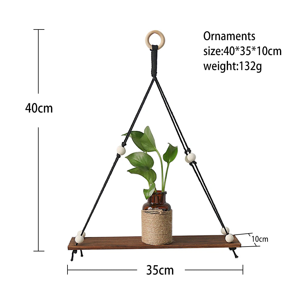 Boho Macrame Wall Shelf 2 Pack - Natural Recycled Wood Hanging Display Shelves with Bead Trim, Everstock