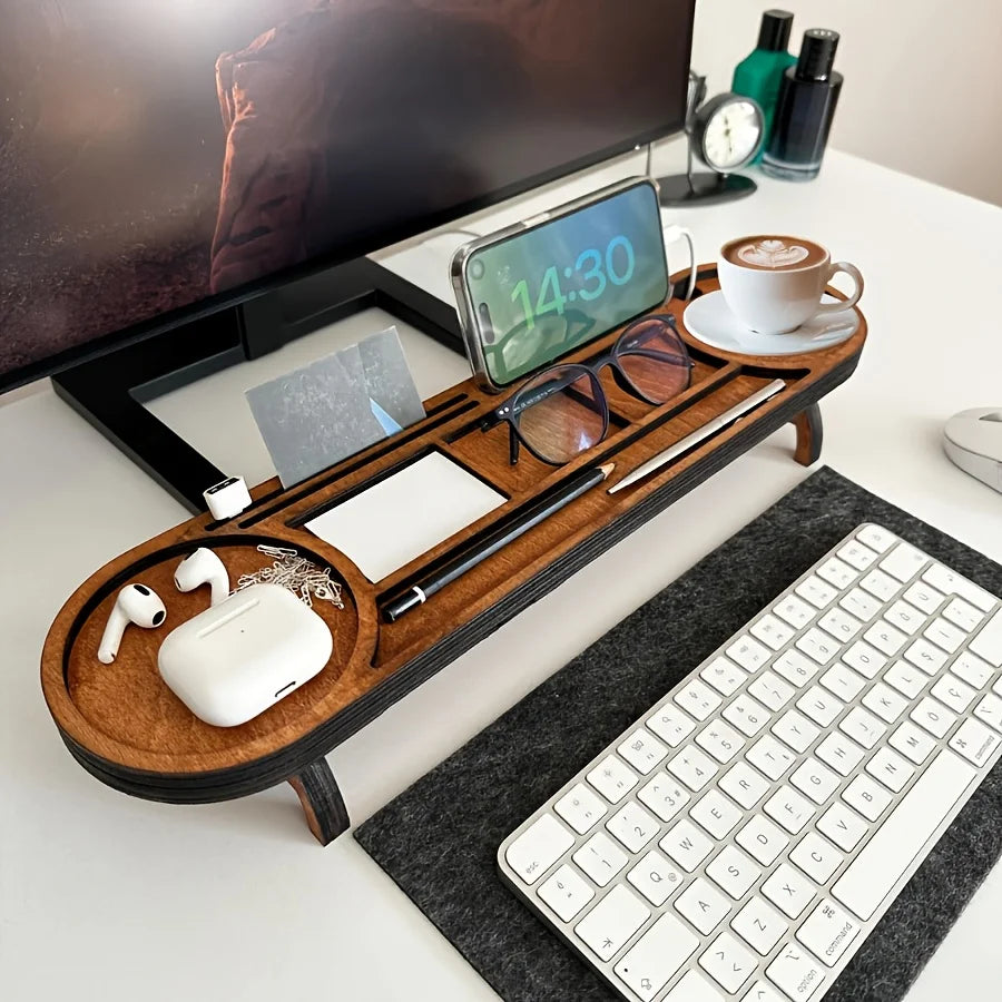 Wooden Desk Organizer with Pen Holder - Natural Wood Multi-Compartment Caddy with Elevated Stand for Stationery, Everstock