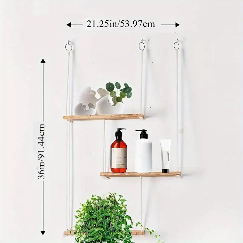 3-Tier Hanging Wall Shelf - Adjustable Macrame Wood Plant Shelf for Living Room and Bedroom, Everstock