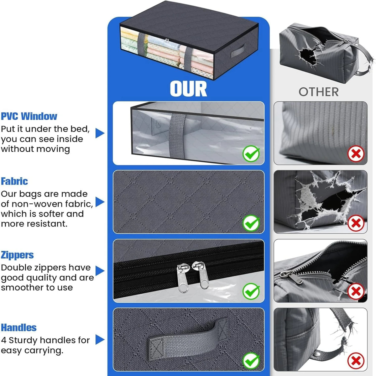 Under-Bed Storage Bags - Foldable PVC Containers for Blankets, Bedding & Shoes, Bedroom Space Saving, Everstock