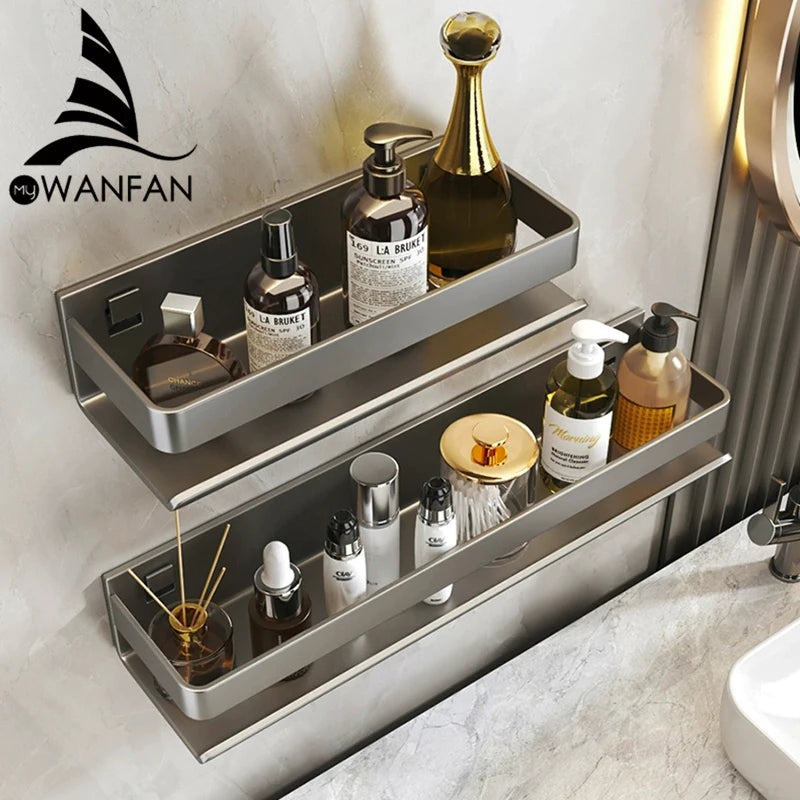 Gray Aluminum Wall-Mounted Shelf - Adjustable 30-50cm Shower Storage Rack for Bathroom, Everstock