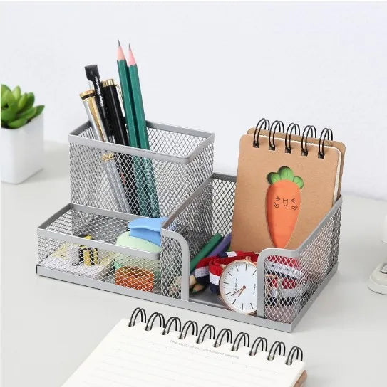 Mesh Desk Caddy - Black Metal Organizer with 3 Compartments and a Built-In Pencil Holder for Office Supplies, Everstock