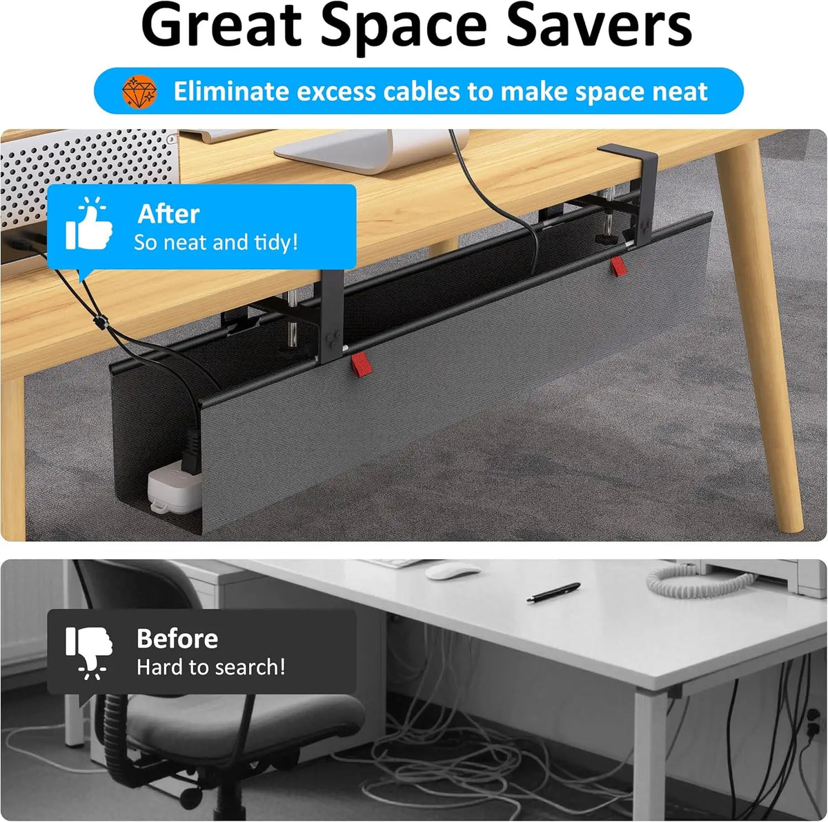 Under-Desk Cable Management Tray - Clamp or Screw Mount Cord Tray for Desks and Standing Desks, Everstock