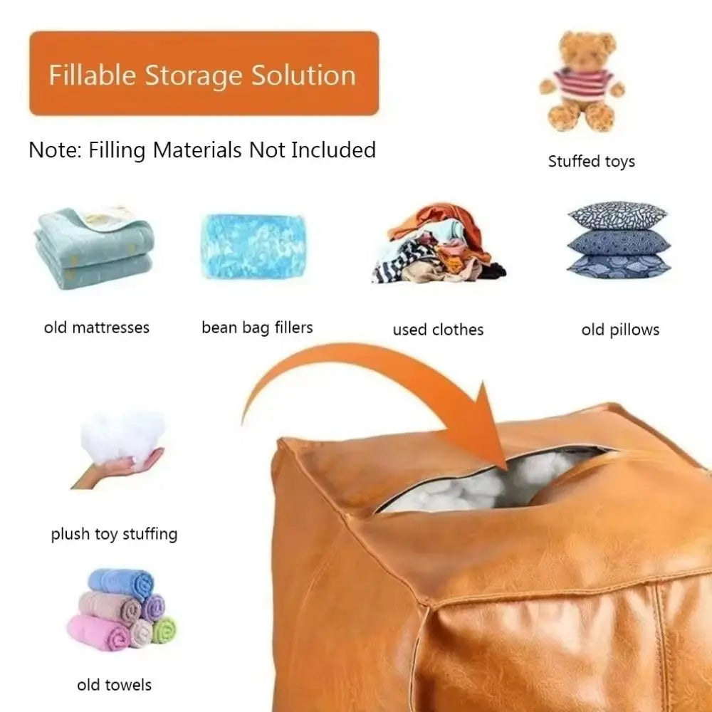 Storage Ottoman Pouf, Unfilled - Waterproof PU Leather Floor Stool Cover, 40 x 40cm, in 6 Colours, Everstock