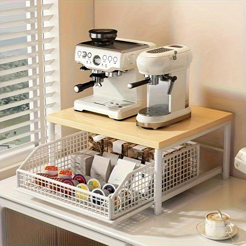 Coffee Station Countertop Organizer - Wood Shelf with Drawer & Wire Basket for Kitchen Counter Storage, Everstock