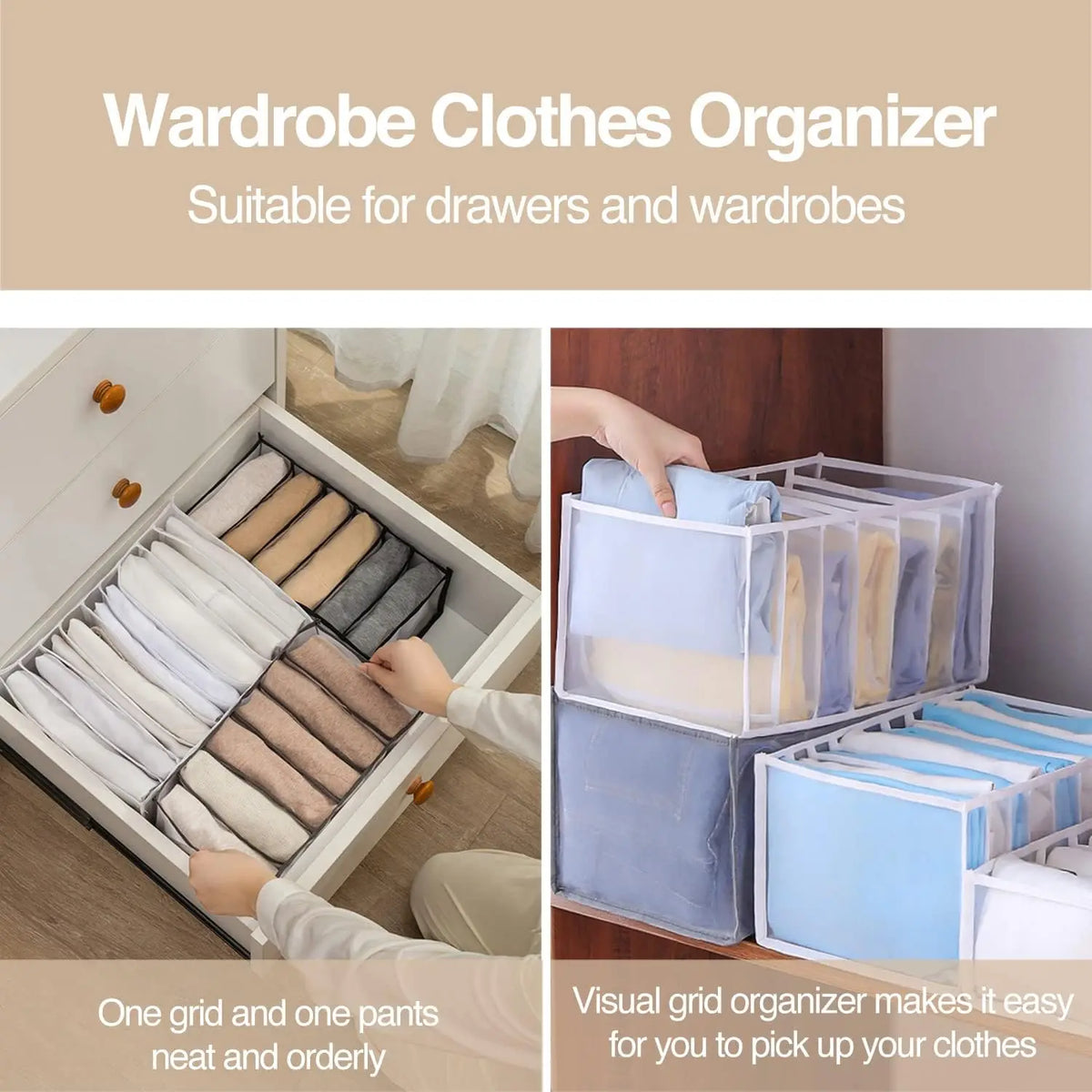 Wardrobe Clothes Organizer with 7 Grids - Washable Foldable Mesh Drawer Box for Underwear, Socks & Scarves, Everstock