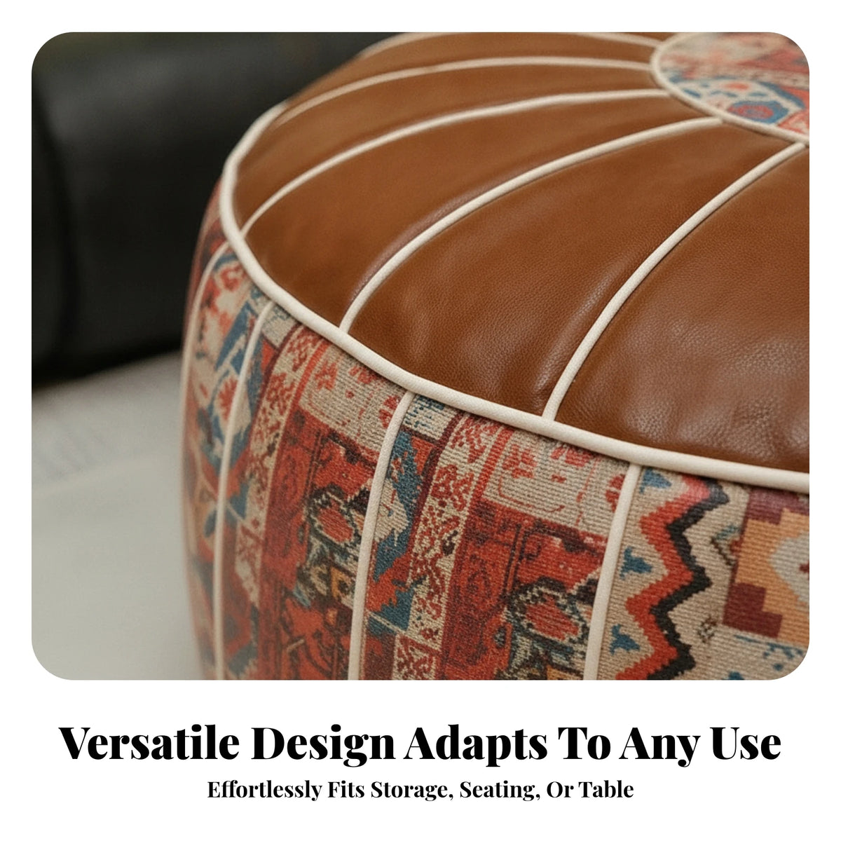 Bohemian Round Storage Ottoman - Water-Resistant Faux Leather Top, Embroidered Body, Zip-Access Footstool, Everstock