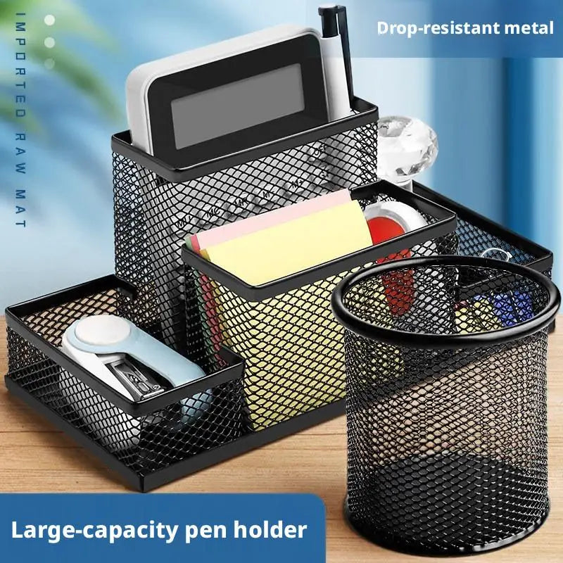 Mesh Desk Organizer with 4 Compartments - Powder-Coated Black Metal Caddy, 8.27 x 4.33 x 3.94 in, for Desktops, Everstock