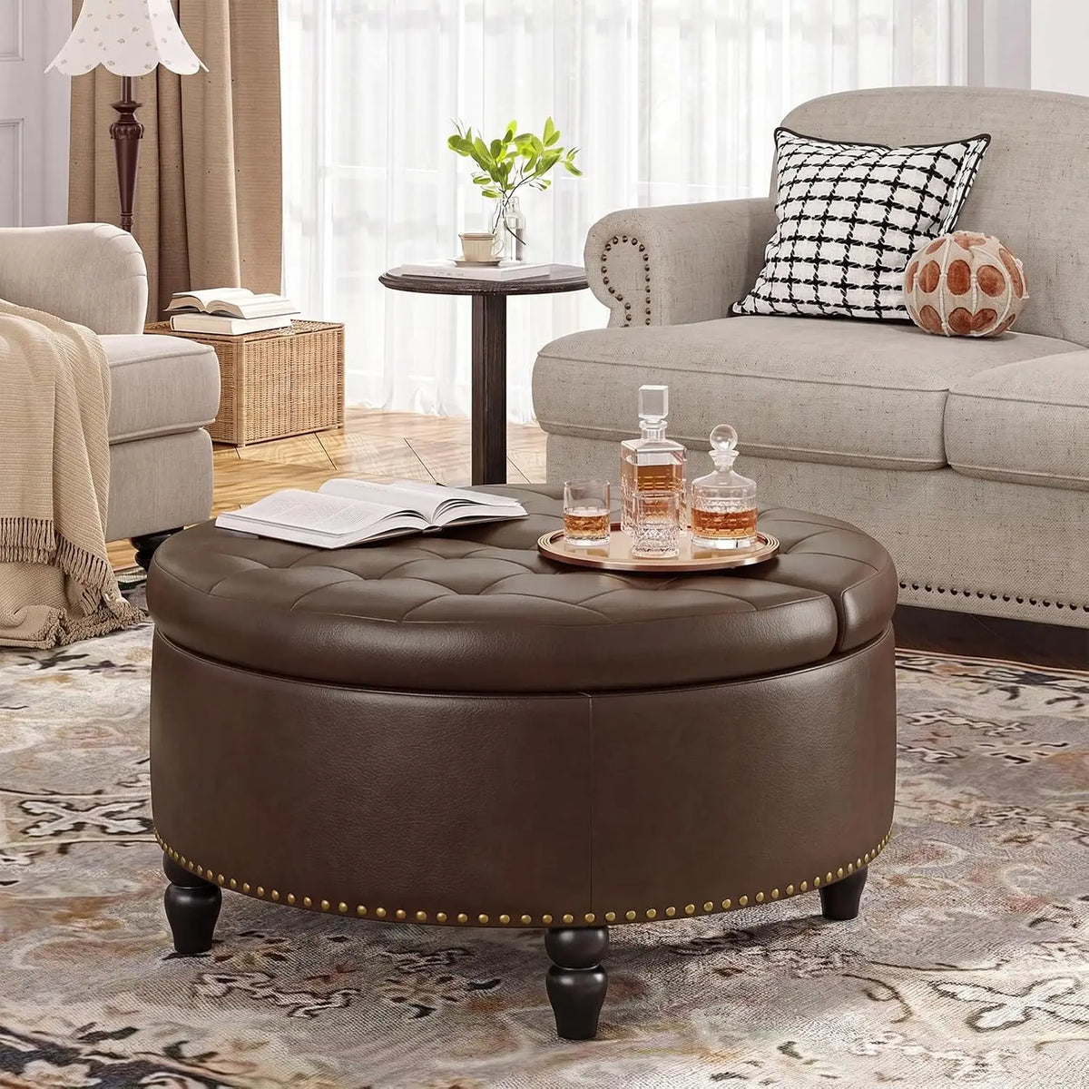 Round Lift-Top Storage Ottoman - PU Leather Coffee Table with Button-Tufted Seat and Wooden Legs for Living Room, Everstock