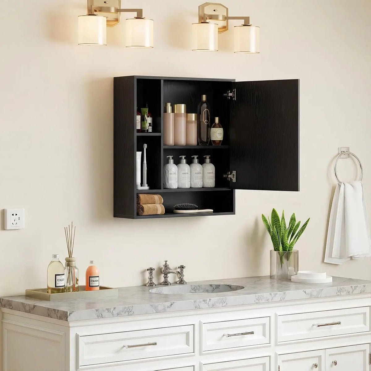 Wall Cabinet with Mirror Door - 3 Open Cubes & Adjustable Shelf Storage for Bathroom, Everstock