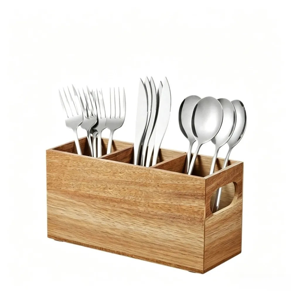 Wooden Utensil Holder - 3-Compartment Countertop Organizer for Spatulas, Spoons & Ladles, Kitchen, Everstock