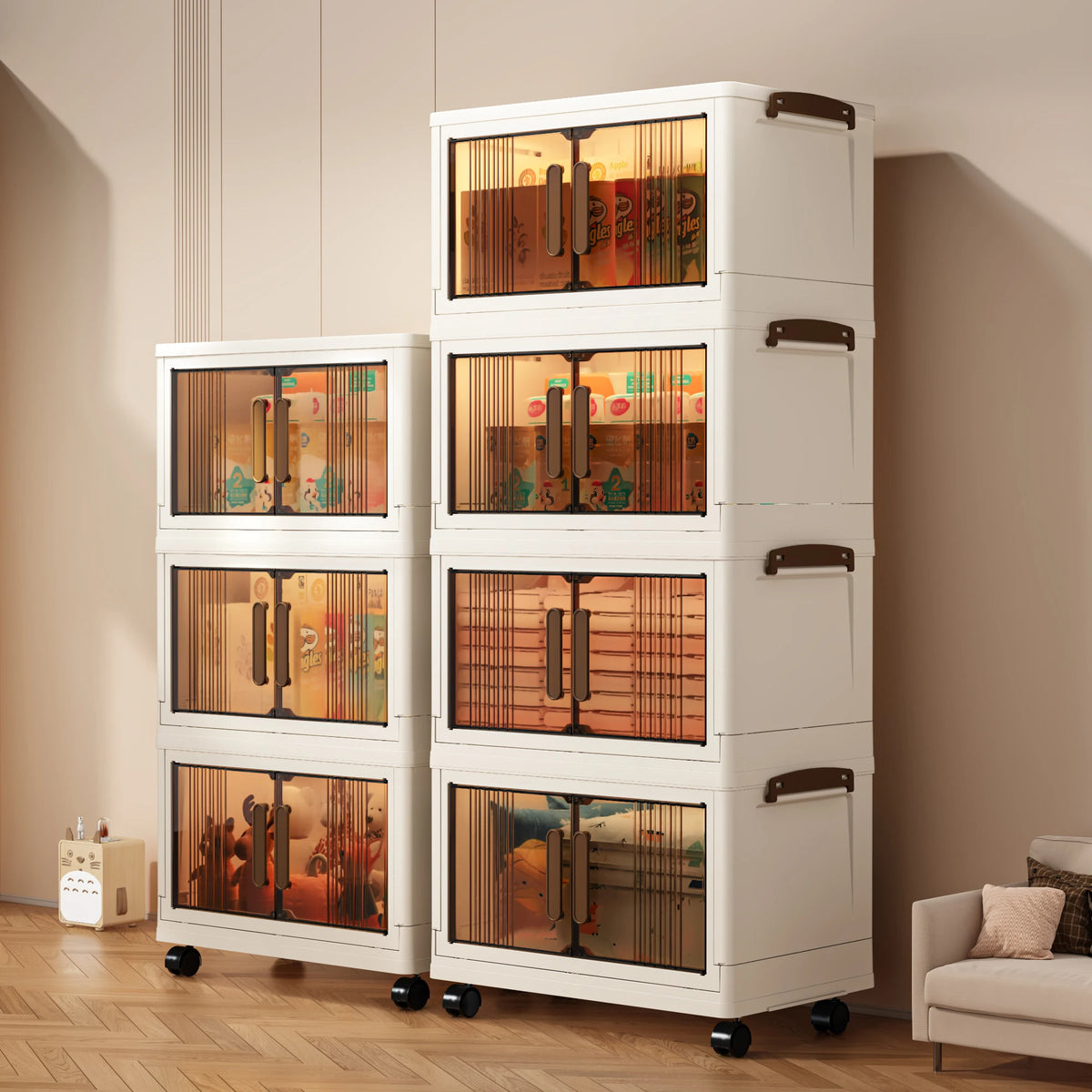 Foldable Storage Cabinet with Doors - Stackable Plastic Organizer Unit, 40cm, 2 to 5 Tiers, for Snacks, Clothes & Toys, Everstock