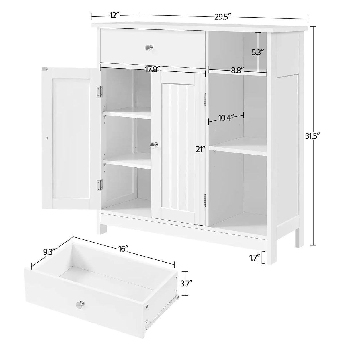 White Freestanding Storage Cabinet - Drawer & 2 Beadboard Doors for Bathroom Towel Storage, Everstock