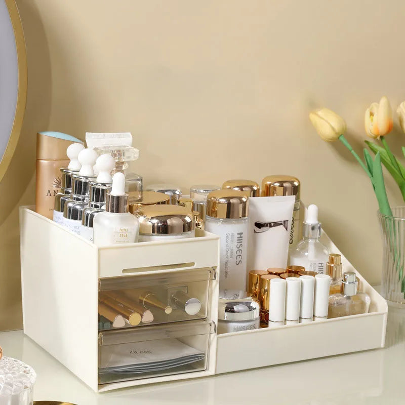 Makeup Drawer Organizer - Beige Plastic Cosmetic Storage Box with Partition for Vanity & Dorm Desks, Everstock
