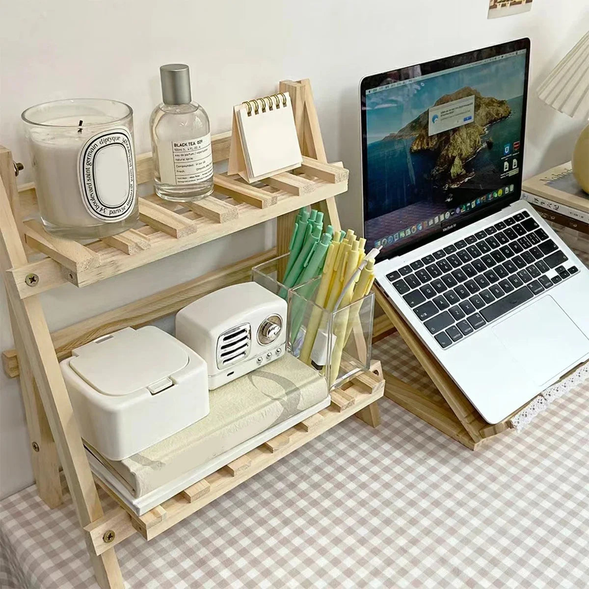 Wooden Desk Organizer Shelf - 2-Tier Folding Wood Storage Rack for Stationery, Books & Dorm Desktops, Everstock