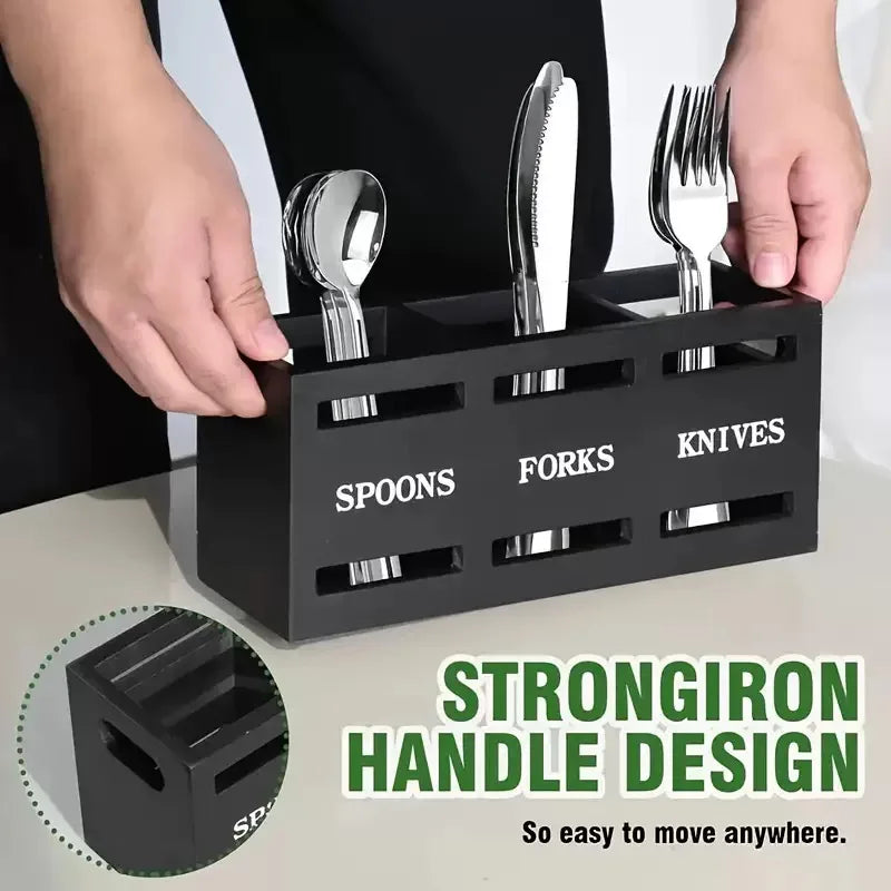 Wooden Utensil Holder Organizer - Rustic Cutlery Rack for Forks, Knives & Spoons, Farmhouse Kitchen, Everstock
