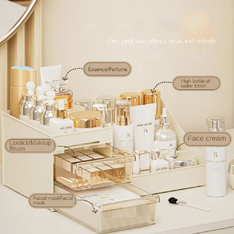 Makeup Drawer Organizer - Beige Plastic Cosmetic Storage Box with Partition for Vanity & Dorm Desks, Everstock