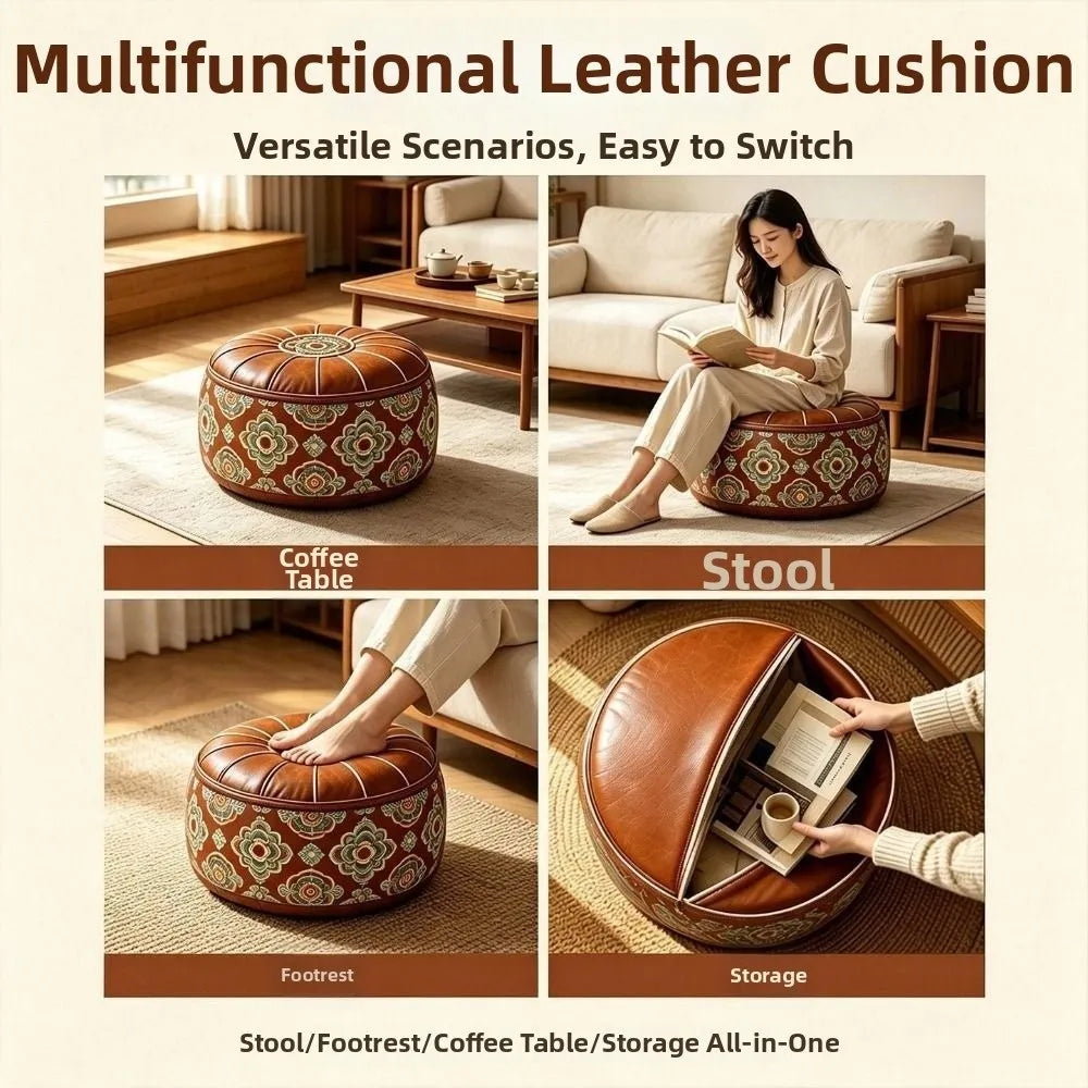 Fillable Storage Ottoman Pouf - Round Moroccan PU Leather Floor Seat, 53 x 53 x 35cm, for Living Room, Everstock