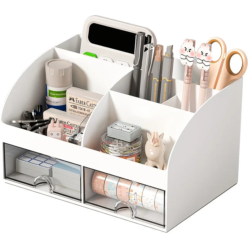 6-Compartment Desk Organizer with 2 Drawers - Plastic Desktop Storage Set with Pencil Holder for Cosmetics, Everstock
