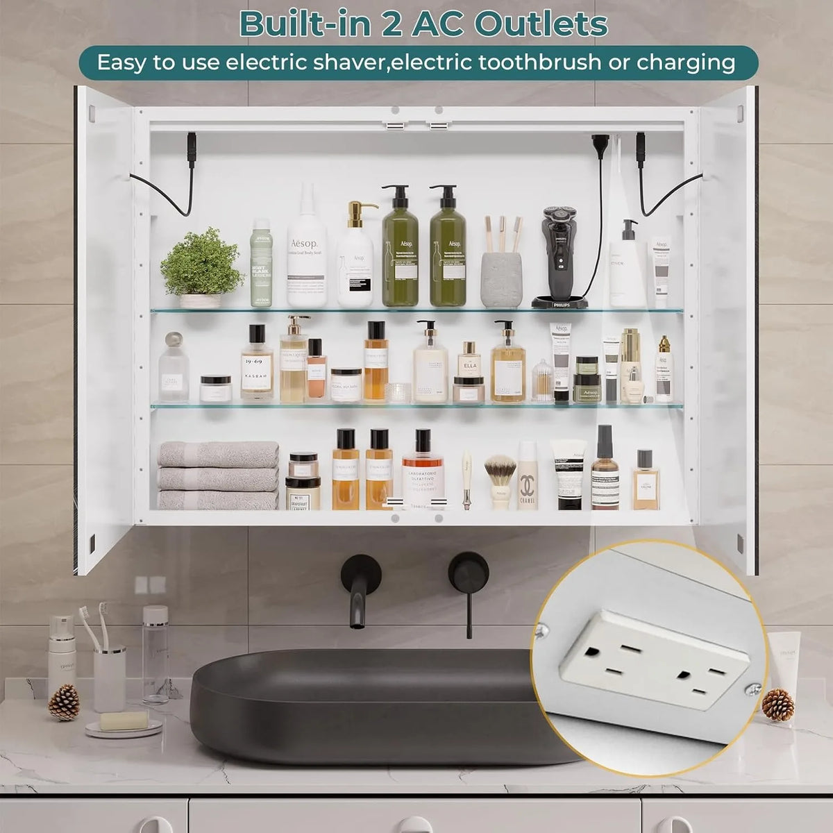 Wall-Mounted Mirror Storage Cabinet - LED Lighted Bathroom Cabinet with Adjustable Shelves, Everstock
