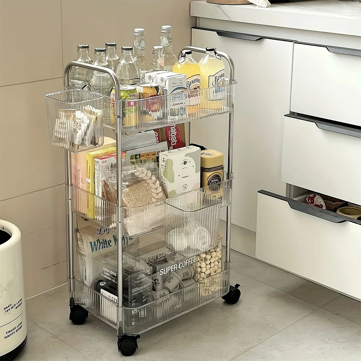3-Tier Rolling Cart - Clear Plastic Storage Trolley on Wheels for Living Room, Bedroom and Home Office, Everstock