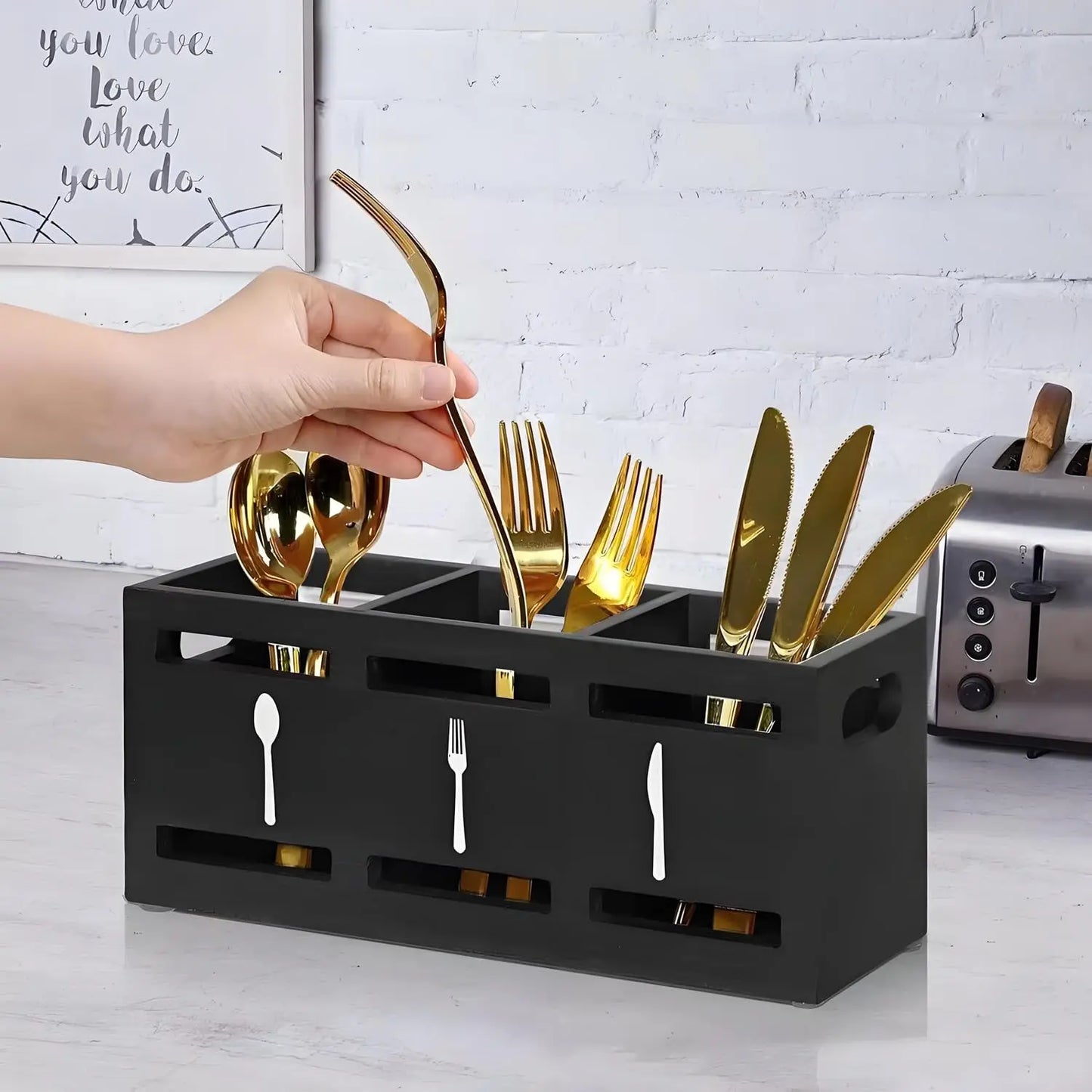 Wooden Utensil Holder Organizer - Rustic Cutlery Rack for Forks, Knives & Spoons, Farmhouse Kitchen, Everstock