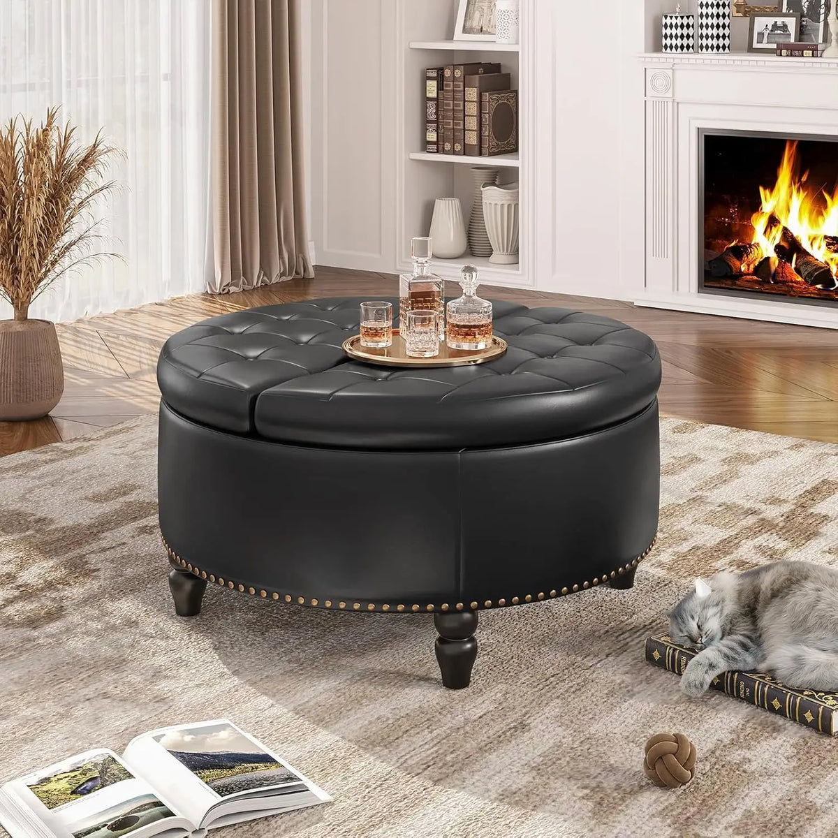 Round Lift-Top Storage Ottoman - PU Leather Coffee Table with Button-Tufted Seat and Wooden Legs for Living Room, Everstock
