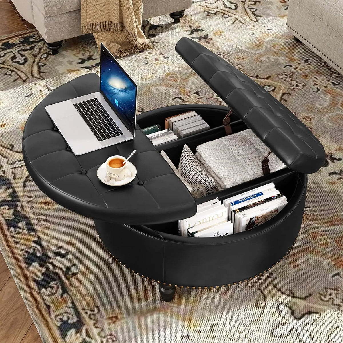 Round Lift-Top Storage Ottoman - PU Leather Coffee Table with Button-Tufted Seat and Wooden Legs for Living Room, Everstock