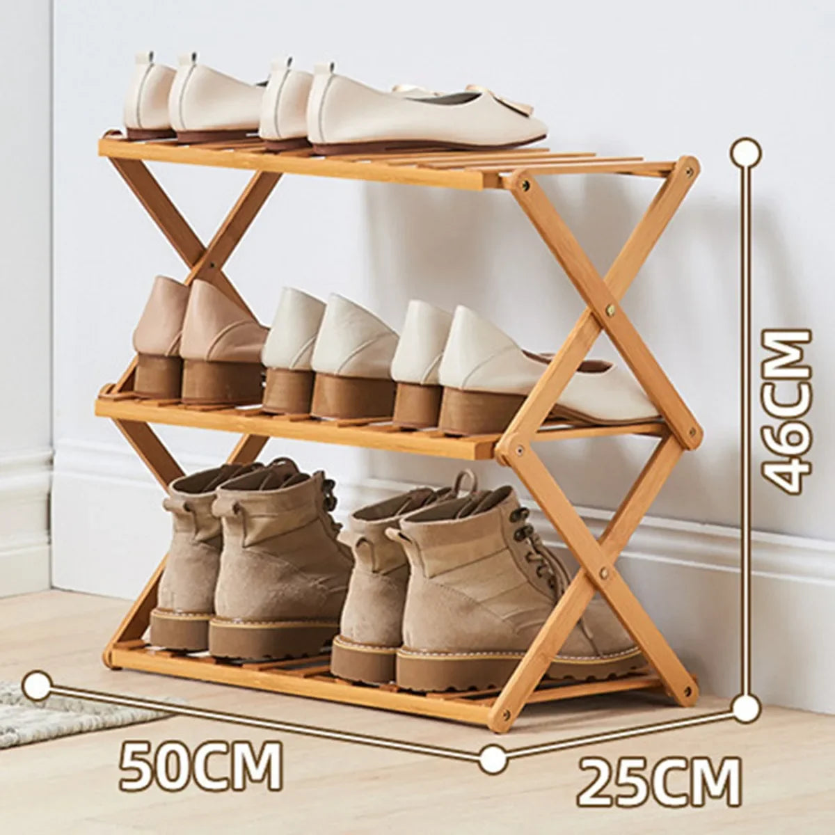 Foldable Bamboo Shoe Rack - 2 to 3 Tier Free-Standing Shelf for 9 to 12 Pairs of Shoes and Plant Pots, Everstock