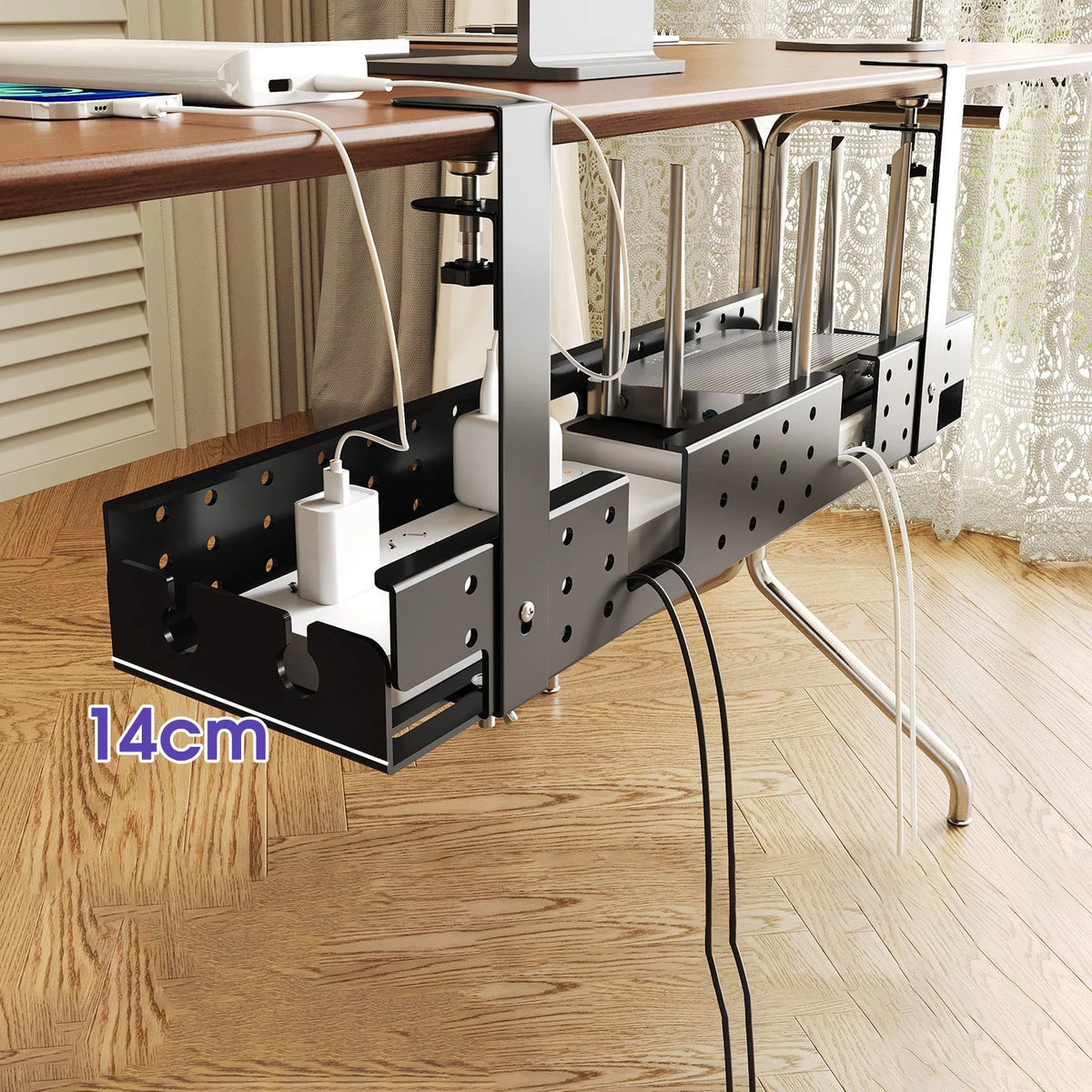 Metal Under-Desk Cable Tray - Clamp-On No-Drill Cord Organizer for Power Strips and Desk Accessories, Everstock
