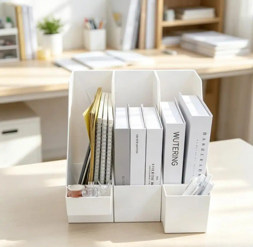 Desk Organizer with Bookend - Plastic Desktop Storage Box for Books, Files & Student Study Desks, Everstock