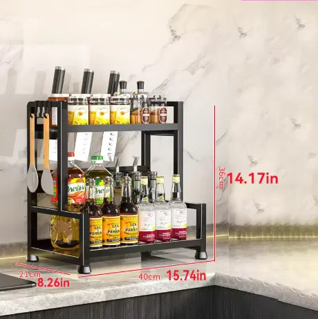 Countertop Spice Shelf - 3-Tier Steel Rack with Knife Slot and Hanging Hooks for Kitchen Storage, Everstock