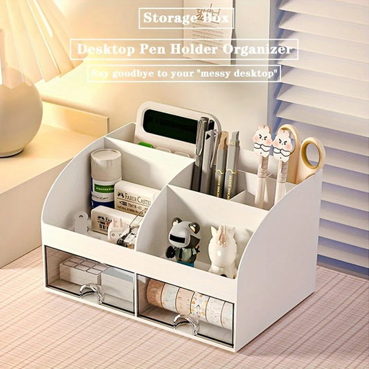 6-Compartment Desk Organizer with 2 Drawers - Plastic Desktop Storage Set with Pencil Holder for Cosmetics, Everstock