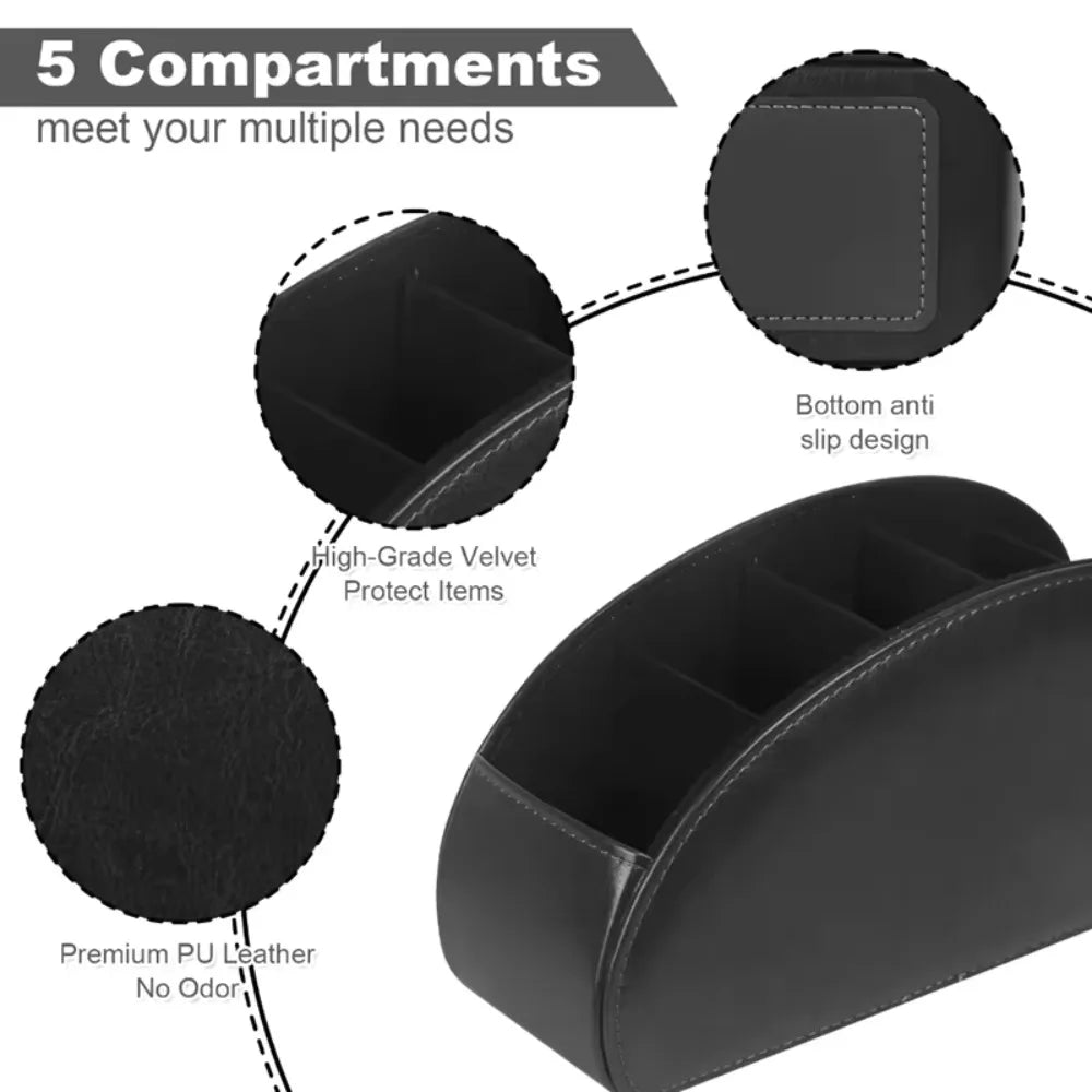Remote Control Holder - 5-Compartment PU Leather Desktop Caddy for TV Remotes, Phones & Stationery, Everstock