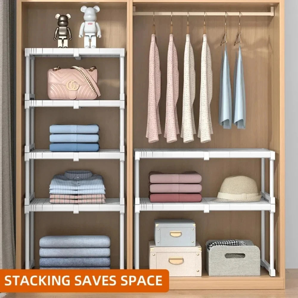 Telescopic Closet Shelf Divider - Punch-Free Stackable PP Wardrobe Organizer Rack for Shelves & Cabinets, Everstock