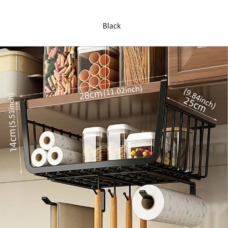 Under-Cabinet Hanging Basket - Metal Storage Organizer with 4 Hooks for Paper Towels, Mugs & Utensils, Everstock
