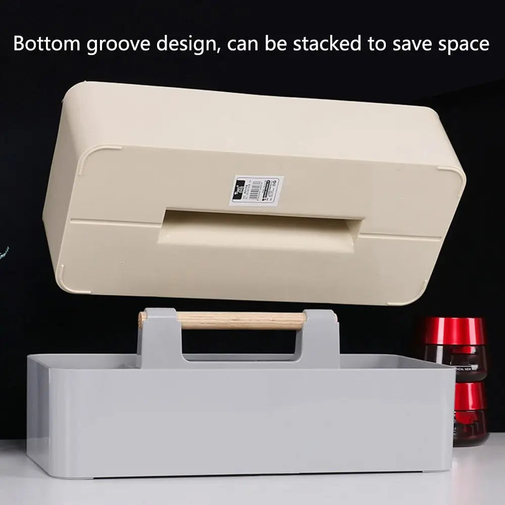 Stackable Desk Organizer Basket - Divided Plastic Tray with Wood Handle for Stationery, Makeup and Desktop Storage, Everstock