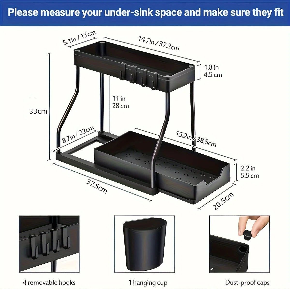 Under-Sink Pull-Out Organizer - 2-Tier Sliding Cabinet Storage Rack for Kitchen & Bathroom, Everstock