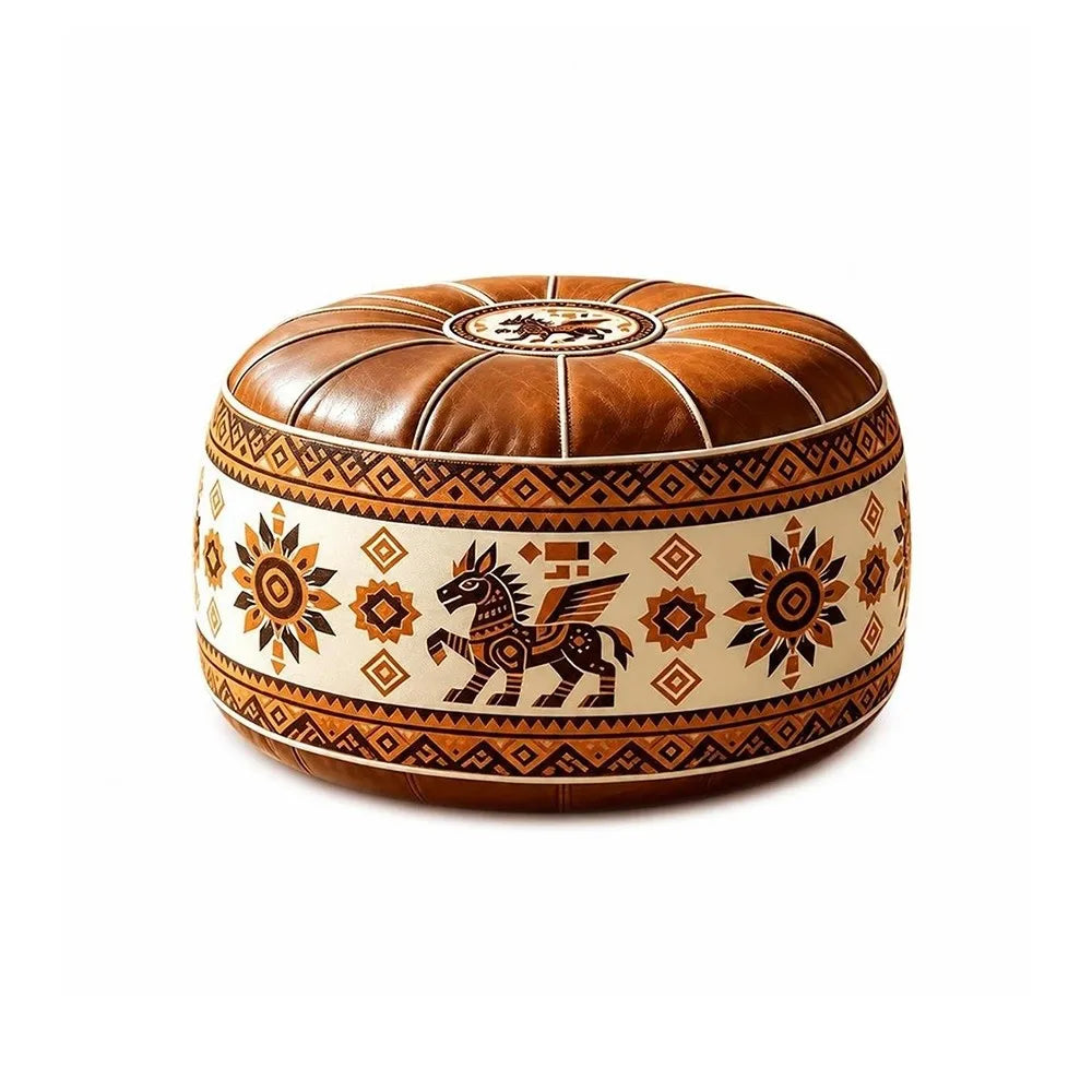 Fillable Storage Ottoman Pouf - Round Moroccan PU Leather Floor Seat, 53 x 53 x 35cm, for Living Room, Everstock