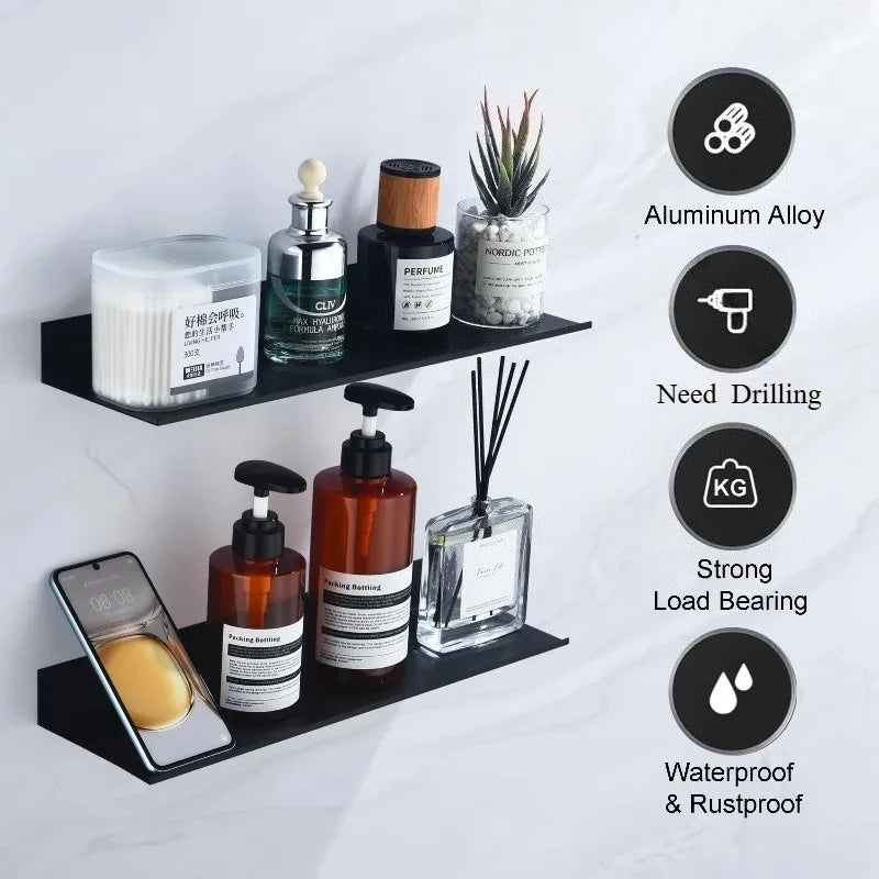 Modern Wall Shelf - Black Bathroom & Shower Storage Rack, 15-50cm Sizes, Everstock
