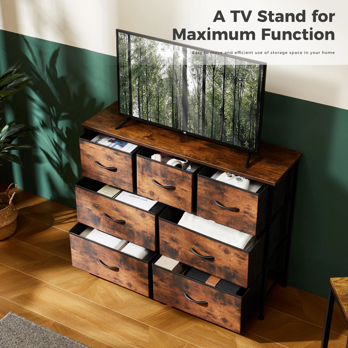 7-Drawer Fabric Dresser - Wood Top Chest of Drawers with Metal Frame for Living Room, Bedroom & Entryway Storage, Everstock