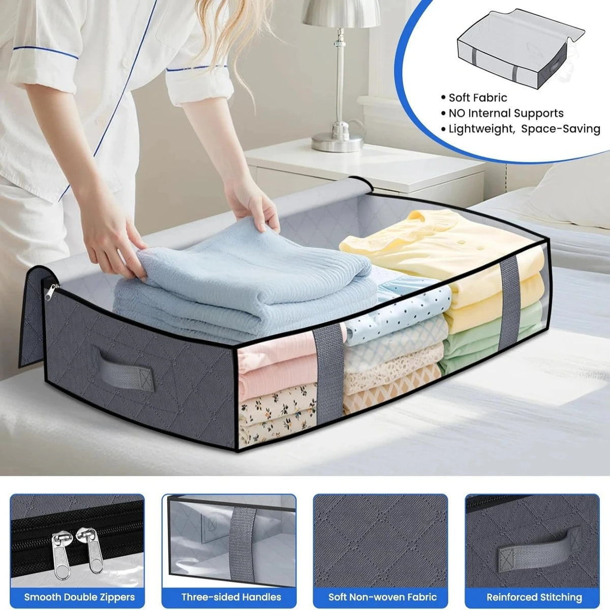 Under-Bed Storage Bags, 4 Pack - PVC Bedding, Blanket and Shoe Organizers for Seasonal Bedroom Storage, Everstock