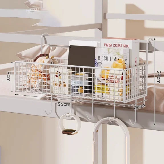 Bedside Grid Storage Rack - Hook-On Iron Wire Basket Shelf for Dorm Bunk Beds and Headboards, Everstock