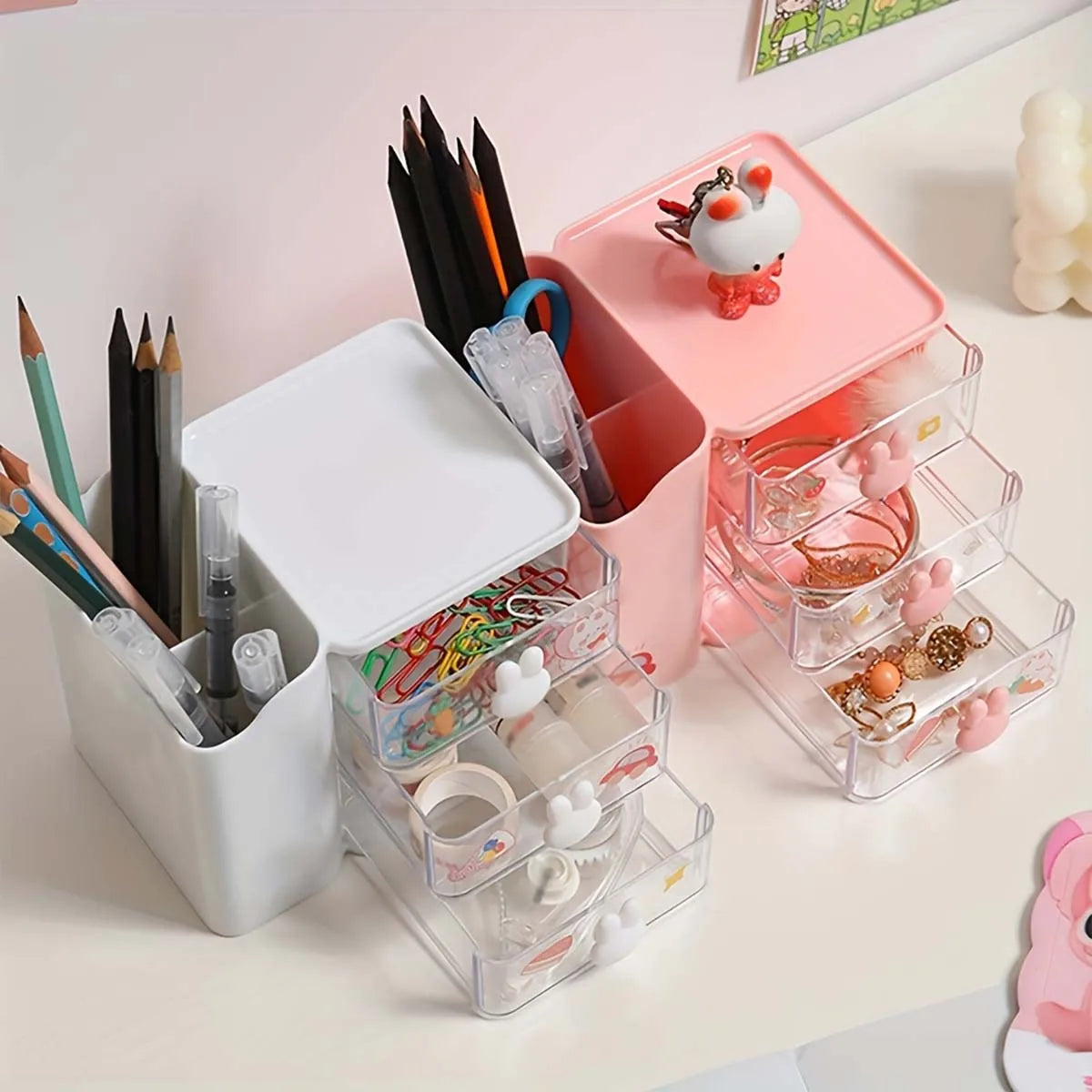 Desk Organizer with Drawer - PP Dust-Proof Stationery Storage Box for Office Supplies & Cosmetics, Everstock