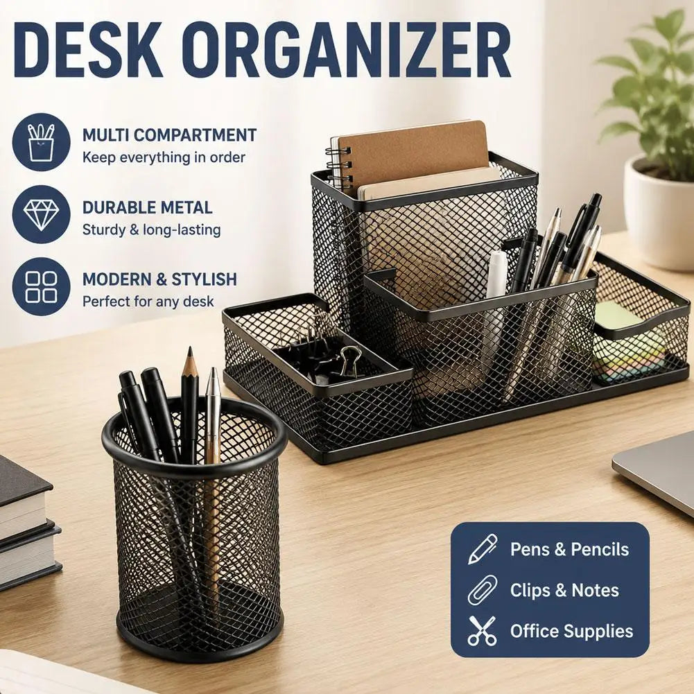 Mesh Desk Organizer with 4 Compartments - Powder-Coated Black Metal Caddy, 8.27 x 4.33 x 3.94 in, for Desktops, Everstock