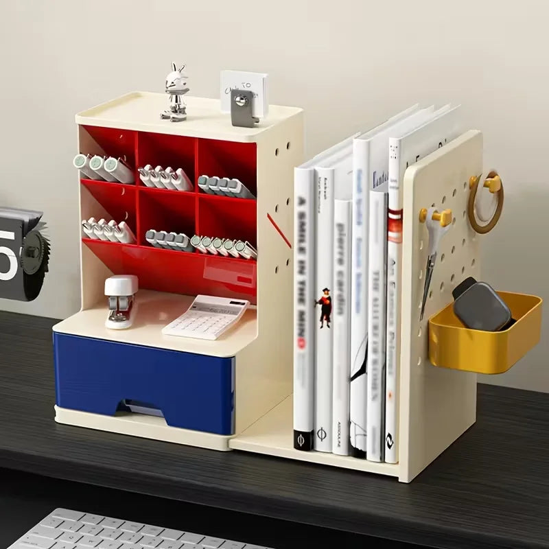 Desk Organizer with Retractable Bookend - Plastic Multi-Compartment Pen Holder and Hanging Storage Board, Everstock
