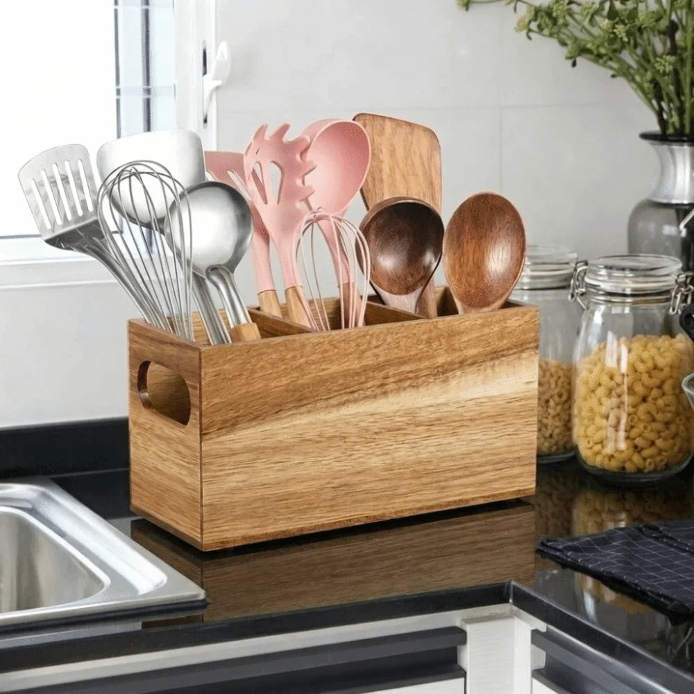 Rustic Cutlery Holder - 3-Section Wooden Countertop Storage Rack for Kitchen Utensils, Everstock