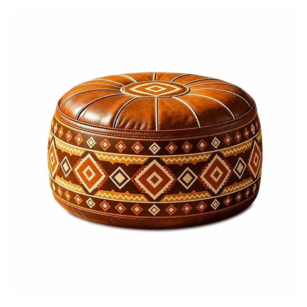Fillable Storage Ottoman Pouf - Round Moroccan PU Leather Floor Seat, 53 x 53 x 35cm, for Living Room, Everstock