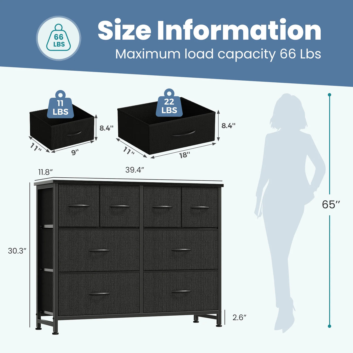 Wide Fabric Dresser & TV Stand - 63-Inch Storage Tower with Wood Top, Metal Frame and Deep Fabric Drawers, Everstock