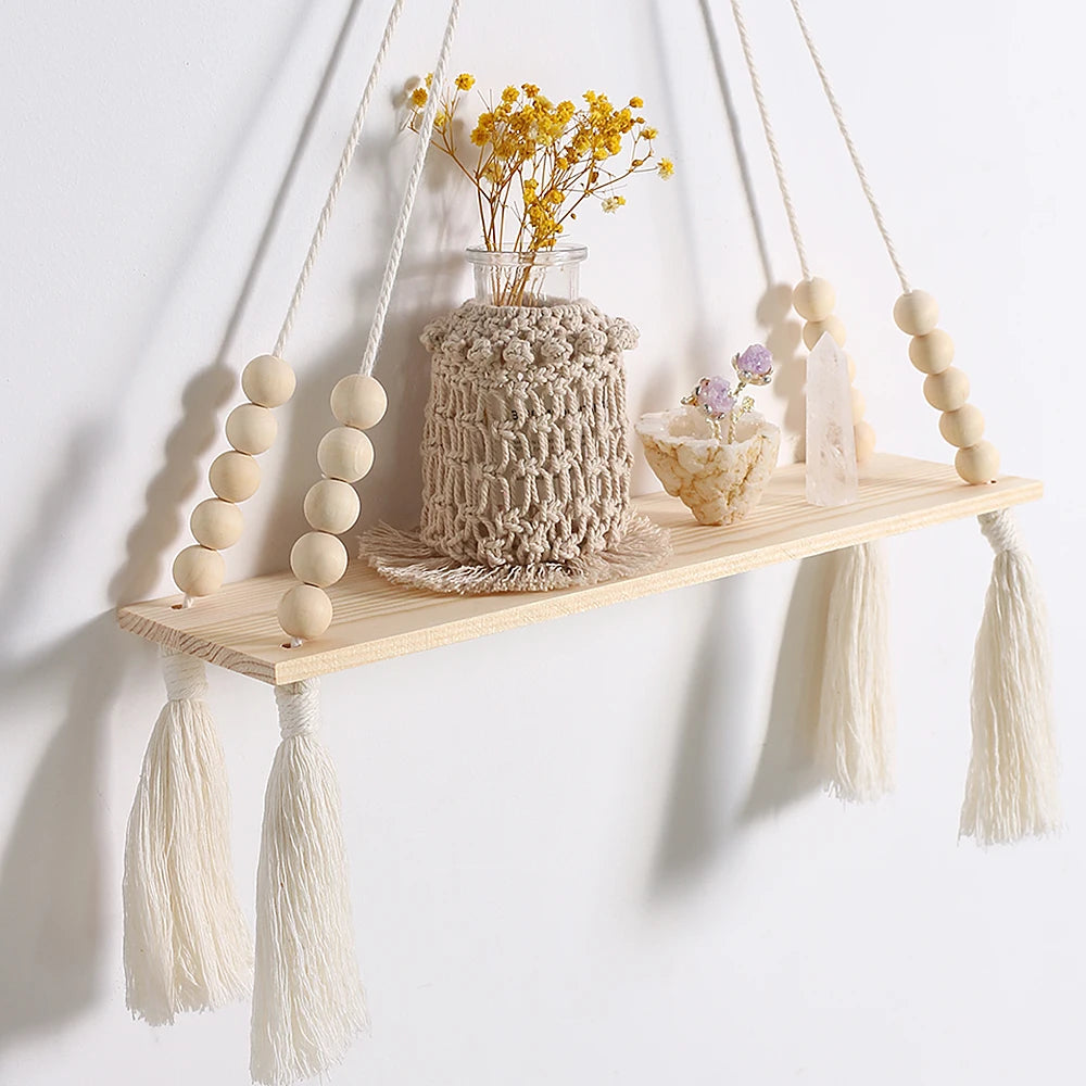 Boho Macrame Wall Shelf 2 Pack - Natural Recycled Wood Hanging Display Shelves with Bead Trim, Everstock